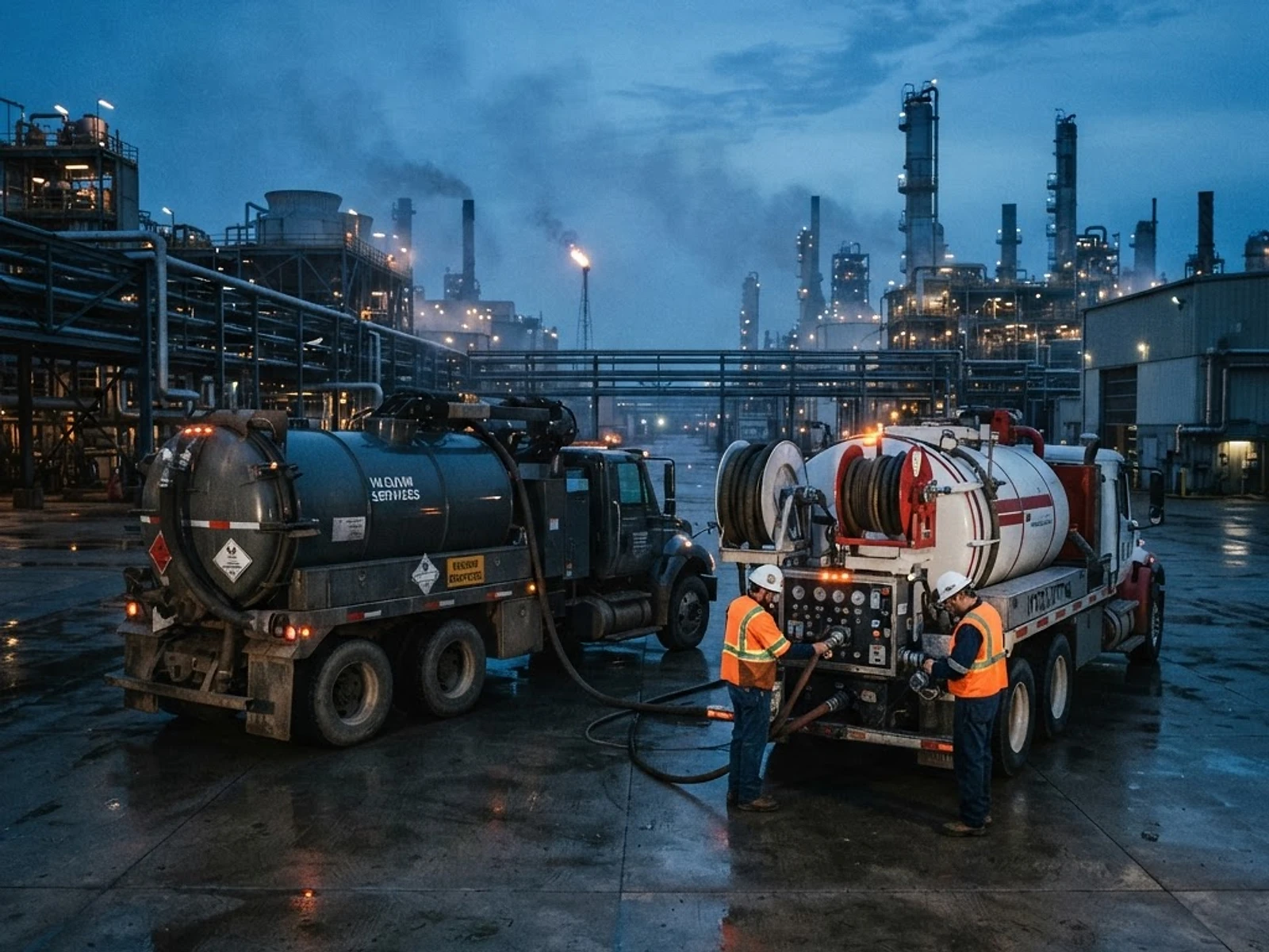 Caminhões e equipe da Eficiência Soluções Ambientais em operação industrial em Belo Horizonte