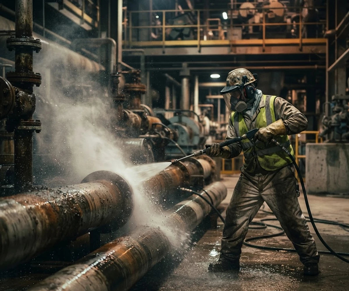 Operação de hidrojateamento em tubulações industriais pela Eficiência Soluções Ambientais